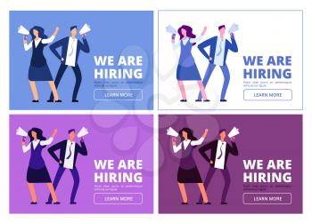 We are hiring concept. Man and woman with megaphone shouting for interview. Business recruitment vector background. Hiring human, hr and interview illustration