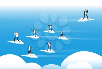 Individual thinking and new direction. Businessmen standing on paper planes. Unique solutions and believe yourself vector concept. Illustration of individual direction way, idea independent