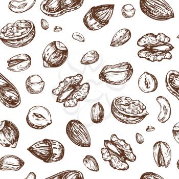 Nuts seamless pattern. Dried fruit and nut endless vector texture. Illustration of nut food seamless pattern background