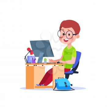 Child at computer. Cartoon boy learning at desk with laptop. Student studying code vector concept. Boy smiling at monitor programming, learn online illustration