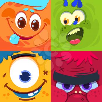 Cartoon monster faces. Scary carnival alien monsters masks. Vector characters set monster face, happy funny alien creature illustration