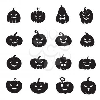 Halloween pumpkin faces. Scary pumpkins bloody with evil smile and eyes. Pumpkin black silhouette to halloween holiday illustration