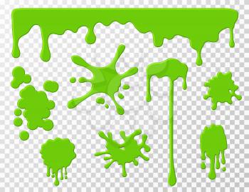 Dripping slime. Green goo dripping liquid snot, blots and splashes. Cartoon slime splodges vector set isolated. Illustration of liquid drip, slime and drop, blob stain green