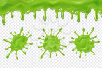 Dripping slime. Green dirt splat, goo dripping splodges of slime. Halloween ooze, mucus isolated vector set. Illustration of splatter and dribble, spot and drop, slime and blob