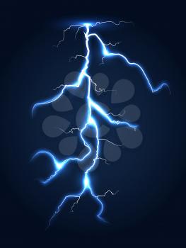 Realistic vector lightning dark night sky. Flash bright electricity illustration