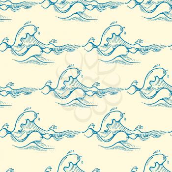 Blue hand drawn waves vector seamless pattern. Ocean graphic texture illustration