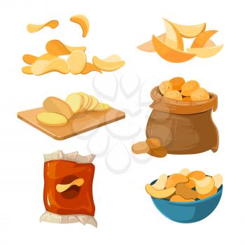Salty fried potato chips snacks vector set. Delicious and harmful chips. Ilustration of packaging chips