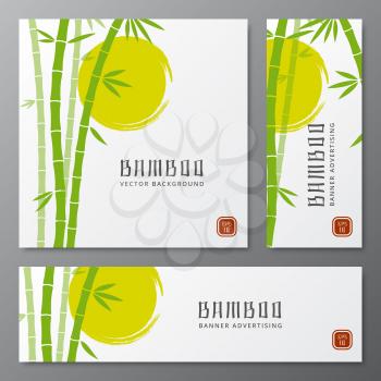Asian bambu threes cards or japanese bamboo banners vector illustration. Asian plants on card, template of chinese traditional plant