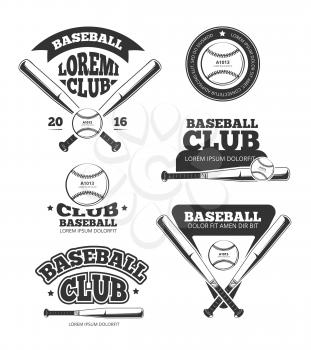 Vintage baseball sports, old vector logos and labels set with bats and softball. Sport badge for baseball club, illustration of emblem for baseball team