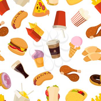 Fast food vector seamless pattern. Background with hamburger sandwich food, illustration of beverage and fast food ice cream