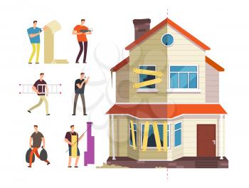 Old and new home. Renovation of house with repairer people. Building maintenance service isolated vector concept. Renovation house and new, home, old exterior residential illustration