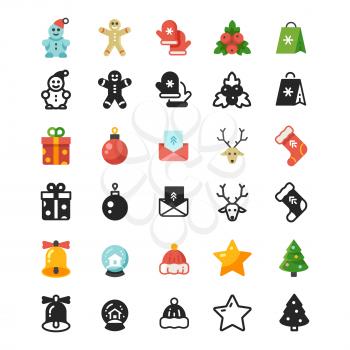 Christmas festive flat icons and silhouette icons isolated on white background. Christmas holiday icons collection, star and deer, bell and envelope. Vector illustration