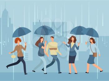 Cartoon people with umbrella walking the street in rainy day. Vector person with umbrella in rain street illustration