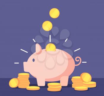 Piggy bank with golden coins. Save money deposit banking and investment vector concept with money box. Illustration of piggy deposit, finance bank and investment
