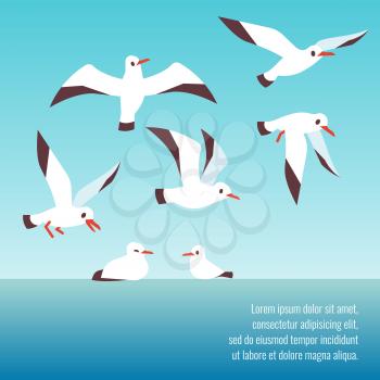 Atlantic seabirds flying background design banner and poster. Vector illustration