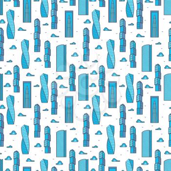 Modern skylines and clouds seamless pattern design. Vector illustration flat