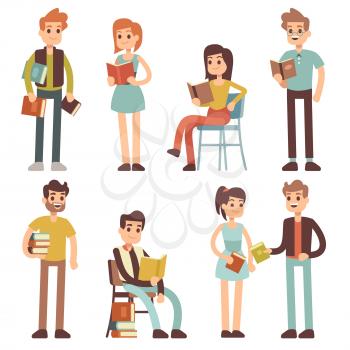 Women and men reading books. People readers vector characters set. Reader male with book, character woman with literature in hands illustration