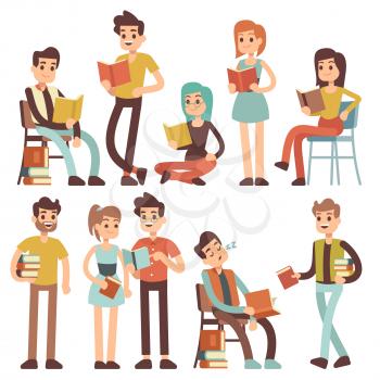 Students reading books. Young people read documents vector cartoon characters. Young student with book, education and read textbook illustration