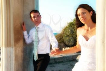 Beautiful wedding couple- bride and groom in the greece ancient city