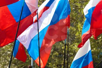 Many russian flags fluttered by the wind.