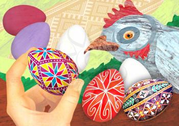 Easter design. Illustration with chicken and Easter eggs.