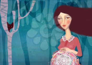 Painting pregnant woman. Beautiful acrylic painting on canvas of stylized pregnant woman on a abstract colorful pattern background. Hand drawn portrait.