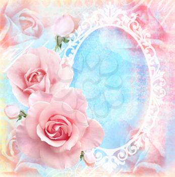 Holiday tender floral card with blooming roses, mirror and text field. Wedding theme. Congratulation or invitation card in pink tones.