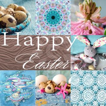 Easter holiday collage with hyacinth, flower, rabbit, quail eggs and abstract painting. Colorful easter frame background.