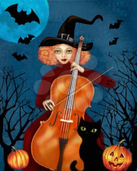 Mysterious red-haired woman in a witch-cap plays the cello in the dark forest. Flying bats, orange pumpkins and black cat. Happy Halloween illustration.
