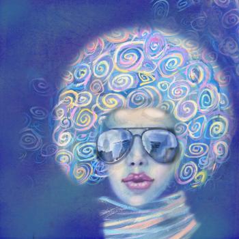 Beautiful stylish young woman wearing sunglasses and scarf. Abstract blue background with woman portrait for cover, flayer. Interior decor.