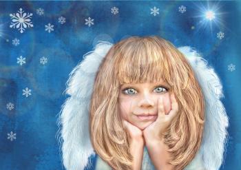Cute little angel. Happy smiling angel girl with blond hair and white wings isolated on a grunge blue background with snowflake. Greeting card. Christmas theme. Holiday background.