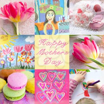 Greeting card. Festive collage with tulip, children painted pictures, handicraft toy, hearts, macaroons and text Happy mothers day in center. Can use for cards, print on cover, wrapping paper, napkins