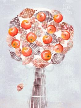 Stylized abstract tree with apple fruits isolated on gray background. Art illustration for you design. Topiary tree.