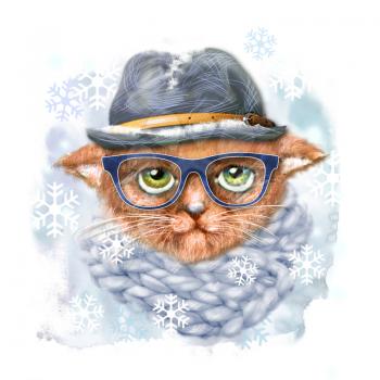 Hand drawn portrait of Cat with glasses, hat and scarf. Fashion portrait of hipster cat. Hand drawn illustration for greeting card, poster, or print on clothes. T-shirt print cat, isolated cat.
