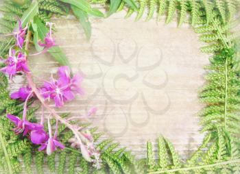 Floral background with wild flowers and herbs. Can used for invitation, announcement, greeting card. Wild wood border frame with plants as ferns leaves and branch flowers with framed wooden table.