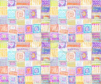 Abstract painting squares backgrounds patchwork. Colorful hand drawn ethnic seamless pattern. Interior decor. Patterned background.