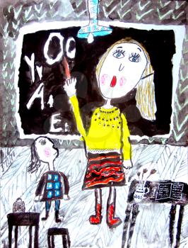 Childs drawing. Woman teacher at blackboard in classroom with girl explaining the lesson. Pedagogue theme. Happy world teacher's day concept.