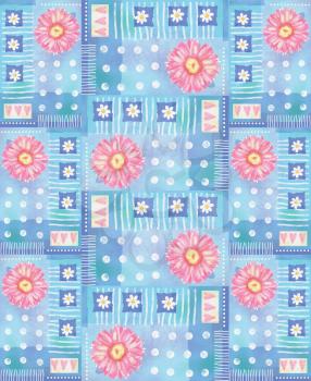 Pattern with pink watercolor gerbera and hearts on a blue polka dot background. Floral background. Beautiful design. Can be used for textile, wallpaper, wraps, pattern fills, web page background.