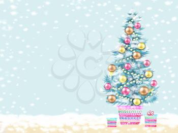 Merry Christmas and Happy New Year. Illustration of decorated Christmas tree in a flowerpot with gifts. Christmas greeting card poster banner. Winter background with isolated festive objects.