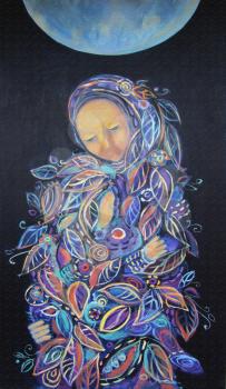 Maternity. Madonna with Child. Beautiful acrylic painting on canvas of woman in foliage clothes with baby, under the fool moon on a black background. Hand drawn portrait. Leaf pattern. Interior decor.