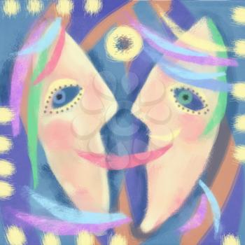 Smile. Crayon hand drawn illustration of pleasant conversation. Abstraction dialog. Concept of communication, forum discussion, cultural meetings. Colorful background with carnival masks.