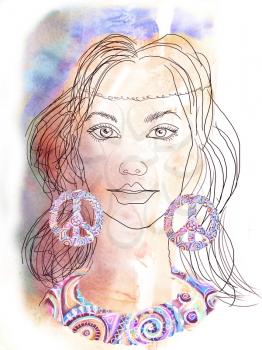 The beautiful hippie girl. Hand-drawn portrait of romantic young woman with earrings in the form of symbol pacific. Watercolor background.
