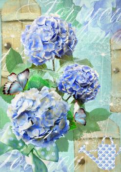 Floral postcard. Can be used for greeting or invitation, mothers day, valentines day, birthday cards, gift warp. Hydrangea flowers.