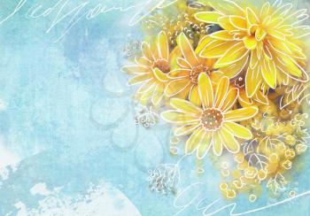 Beautiful bouquet of yellow wildflowers on a grunge blue background. Asters, dahlias, tansy in details. Floral template.