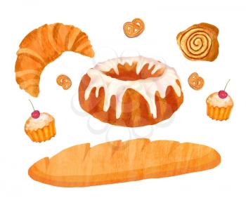 Illustration with isolated baked products on a white background. Baton, croissants, cupcakes, pretzel cookies, cinnamon bacon.
