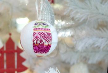 Christmas tree toy. Happy new year. Festive background. Fir tree decoration.