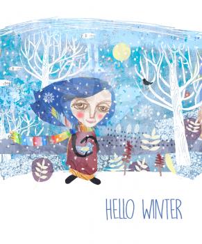 The girl in a colored scarf holds a bird. Author's technique of collage using various pictorial textures.Hello winter is a seasonal illustration.