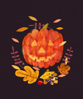 Abstract Halloween Jack-O-Lantern and leaves. Halloween pumpkin. Autumn illustration isolated on a dark background.