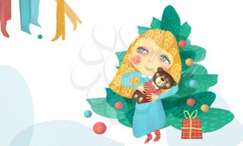 A cute greeting card for Christmas and New Year. A girl with a teddy bear on her hands against the background of a Christmas tree.