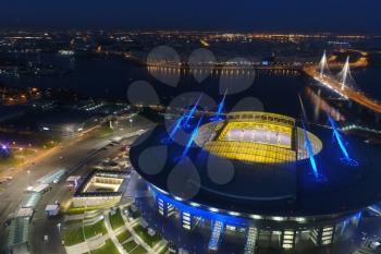 Moscow, Russia - May 11, 2017: Stadium Zenith Arena at night. Illuminated by multi-colored lights the stadium at night
